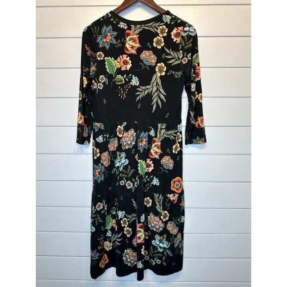 Johnny Was Bamboo Dress Small Ardell 3/4 Sleeve Tiered Knee Length Black Floral - Picture 8 of 10